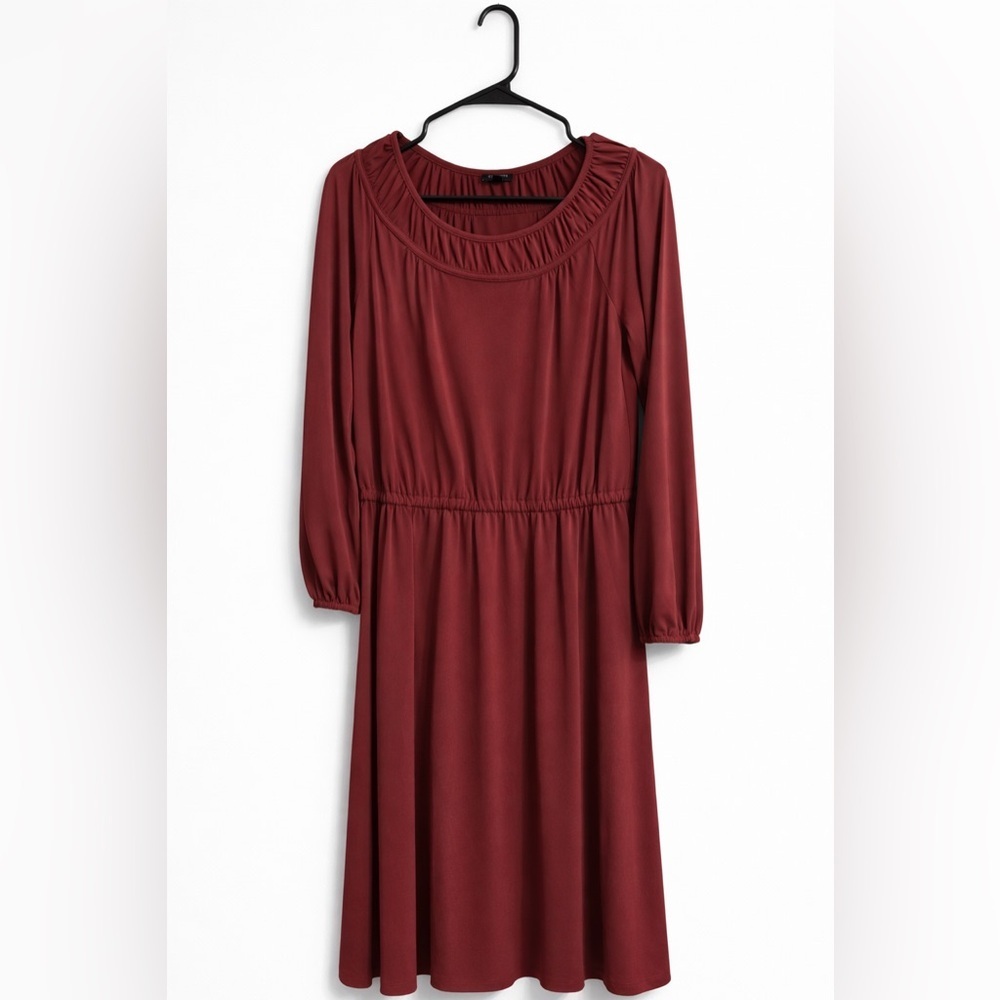 Talbots Burgundy Peasant Midi Dress Medium Petite Off Shoulder Long Sleeve